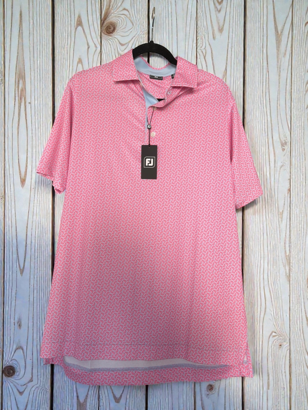 NWT FootJoy Men’s Golf Polo Shirt Medium Pink Print World Tour Golf Links